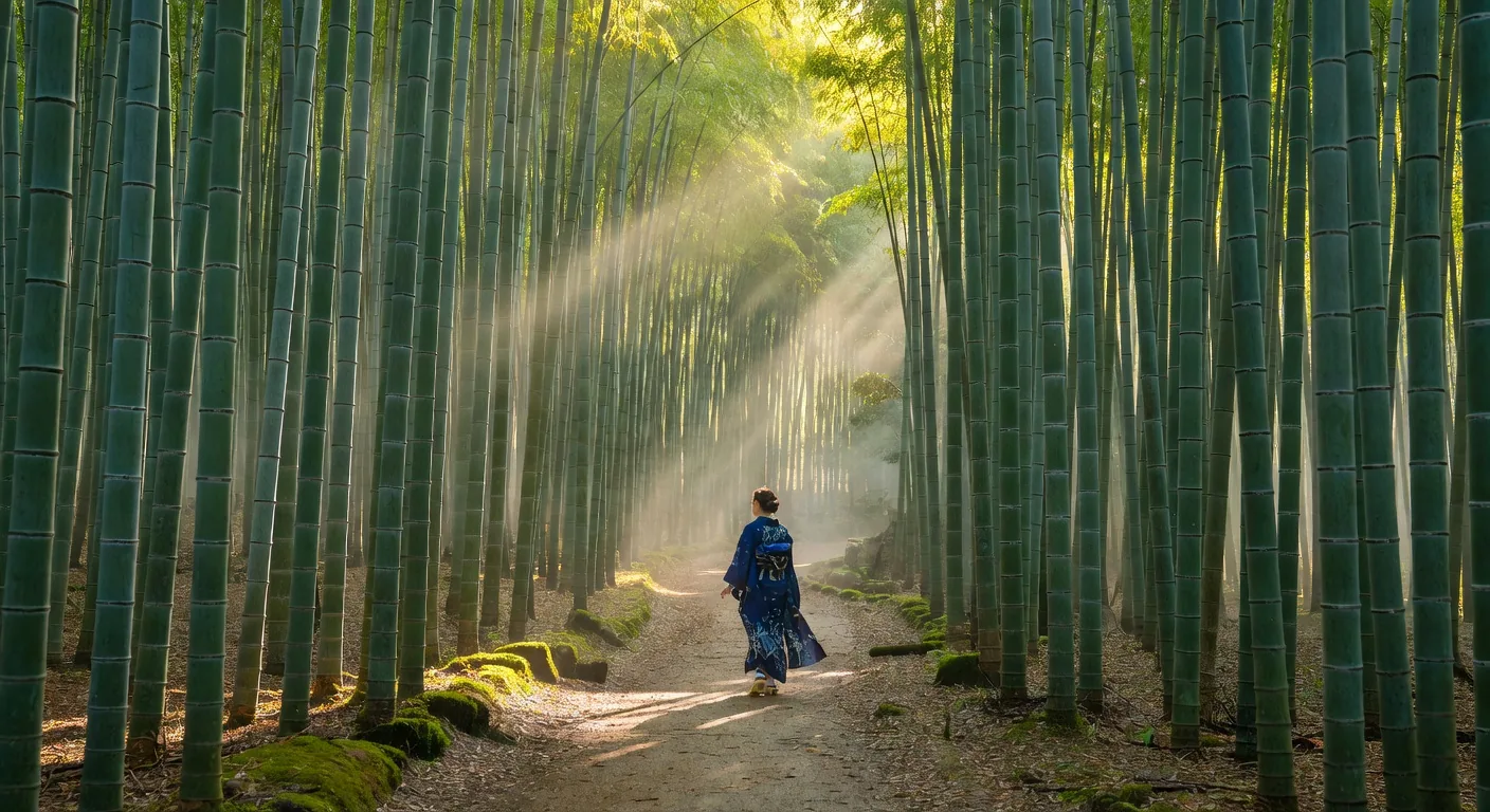 Morning light filtering through the towering bamboo grove in Arashiyama, Kyoto