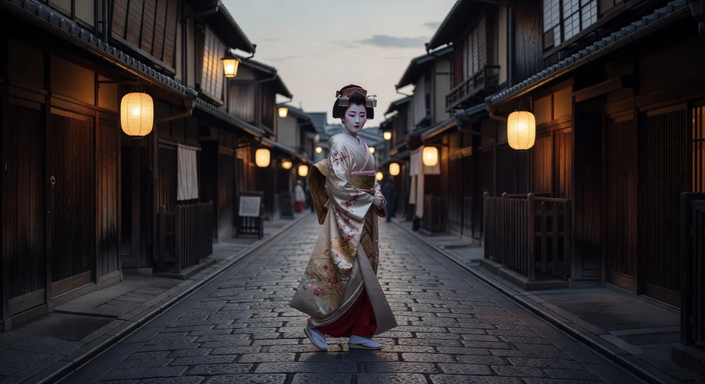 A geisha in full kimono walking along a traditional Kyoto lantern-lit street at dusk