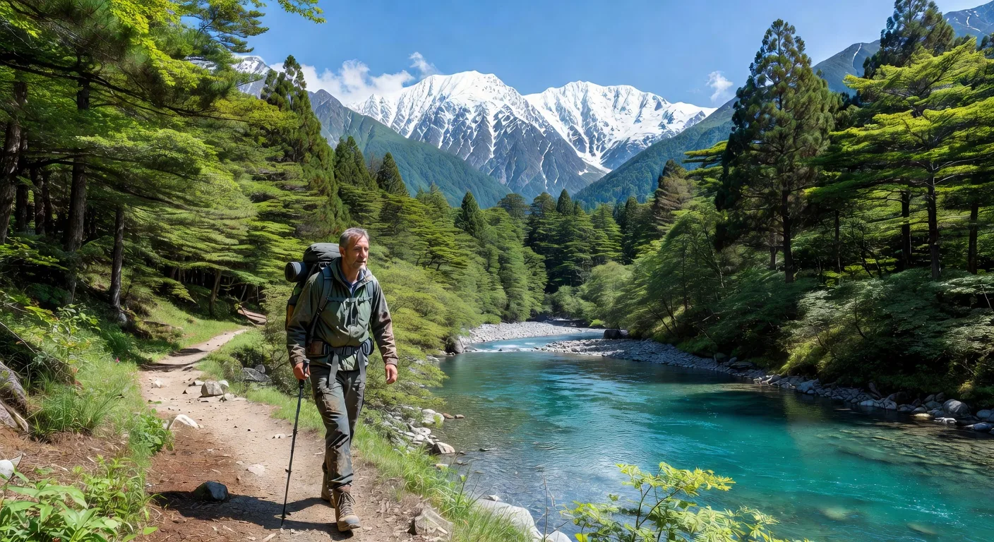 Dramatic mountainous landscape with lush green forests and hiking trails in Japan