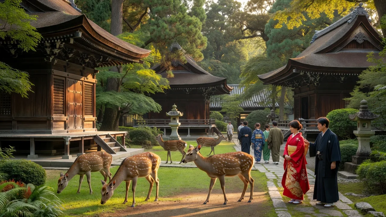 Sacred sika deer roaming freely among ancient temple buildings in Nara Park
