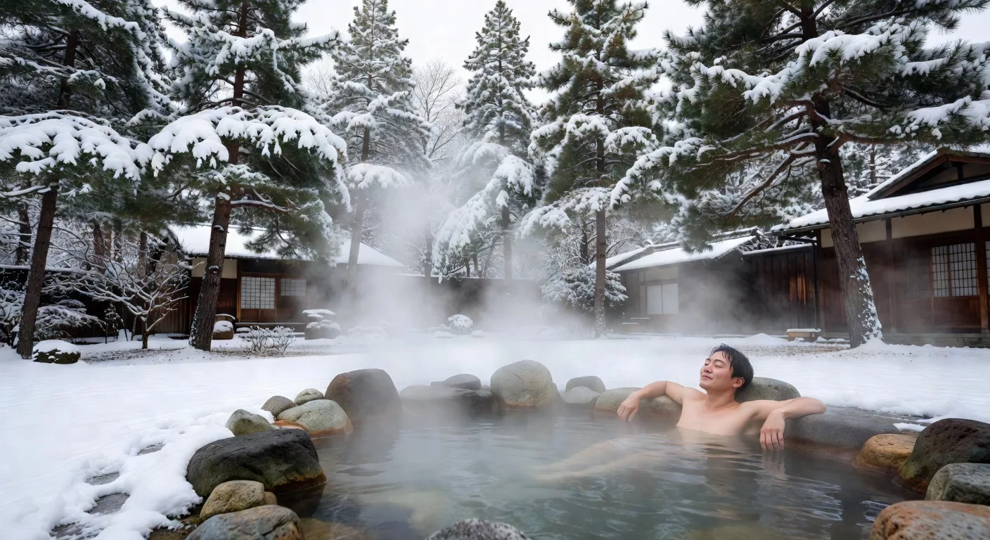 An outdoor onsen rotenburo bath with steam rising in winter snow surrounded by bamboo and pine trees