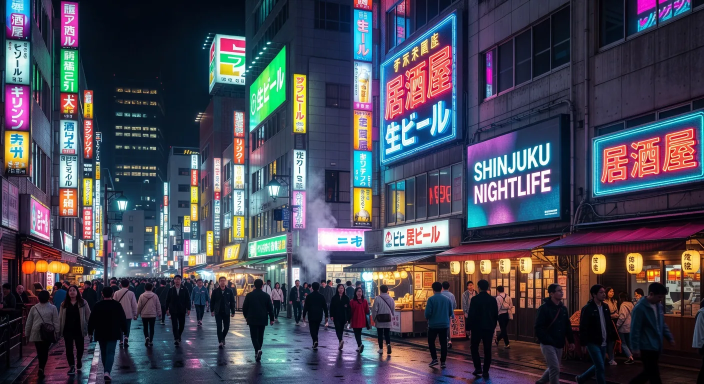 Shinjuku at night with colourful neon signs illuminating the street