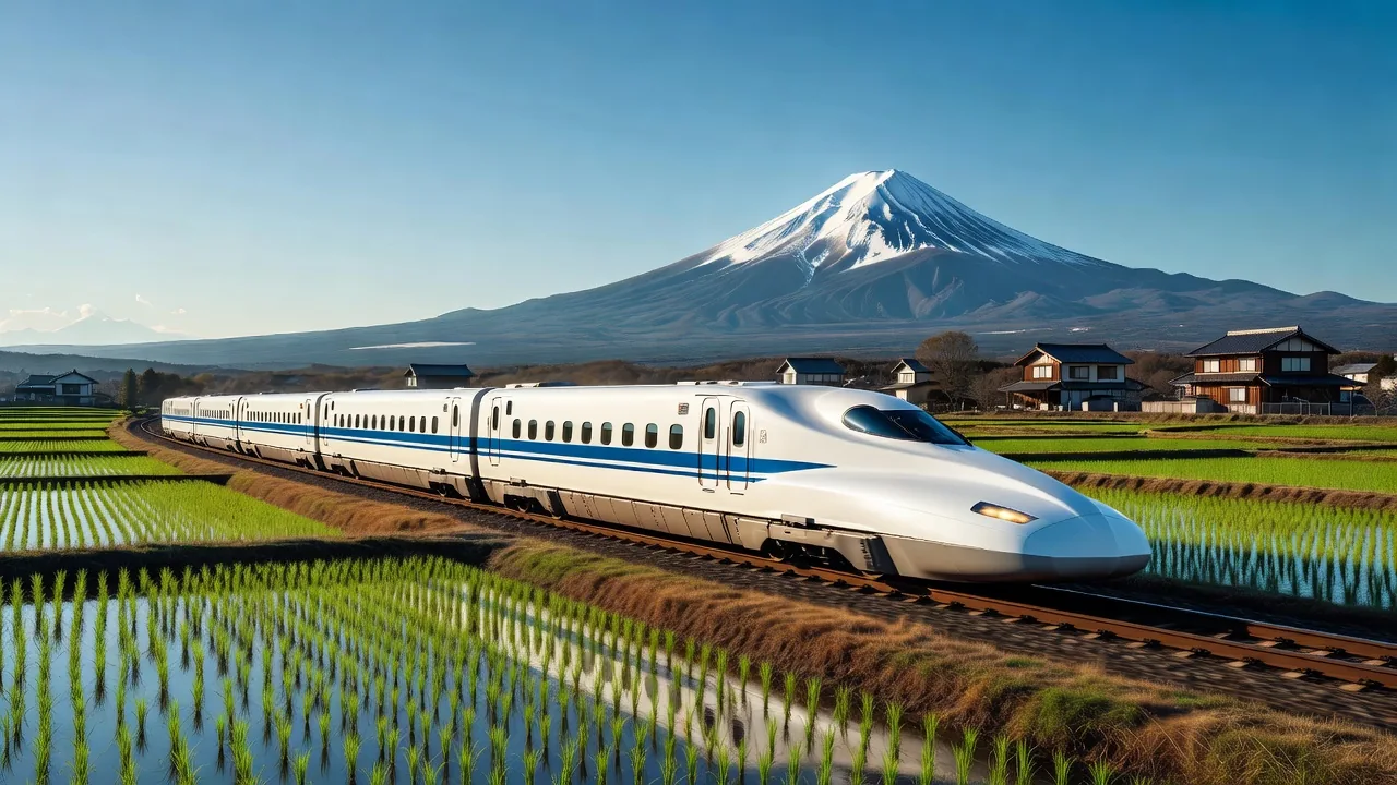 A white Shinkansen bullet train speeding past snow-capped Mount Fuji on a clear day