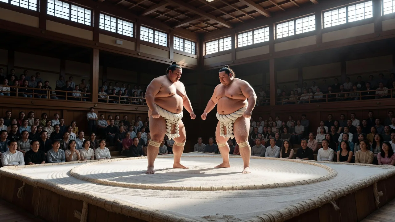Two powerful sumo wrestlers competing in a traditional dohyo ring during a grand tournament
