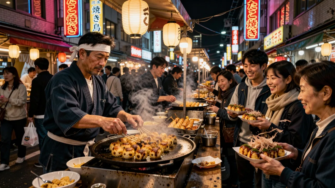 Colourful street food stalls with skewers and traditional Japanese snacks at a Tokyo festival market
